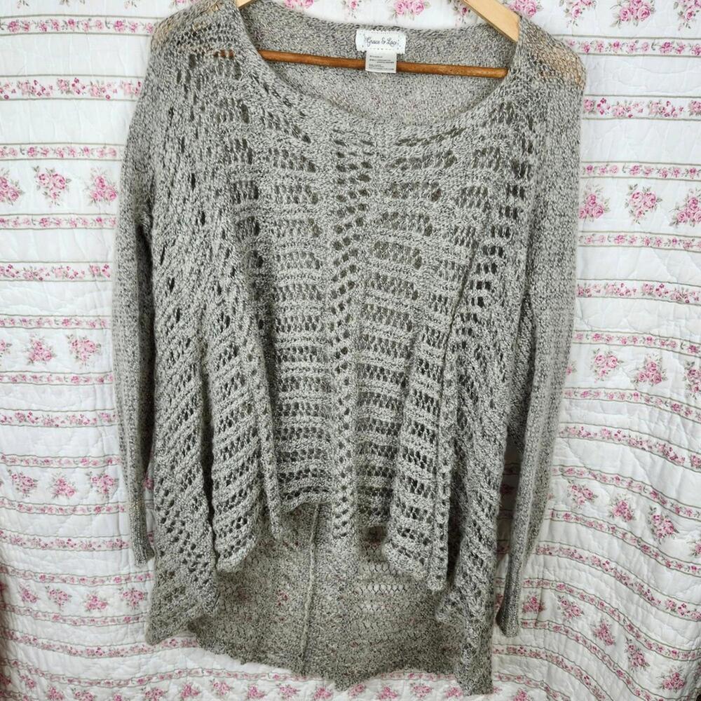 Grace & Lace Knit Sweater Open Weave Long Sleeve Hi-Low Gray Womens One Size